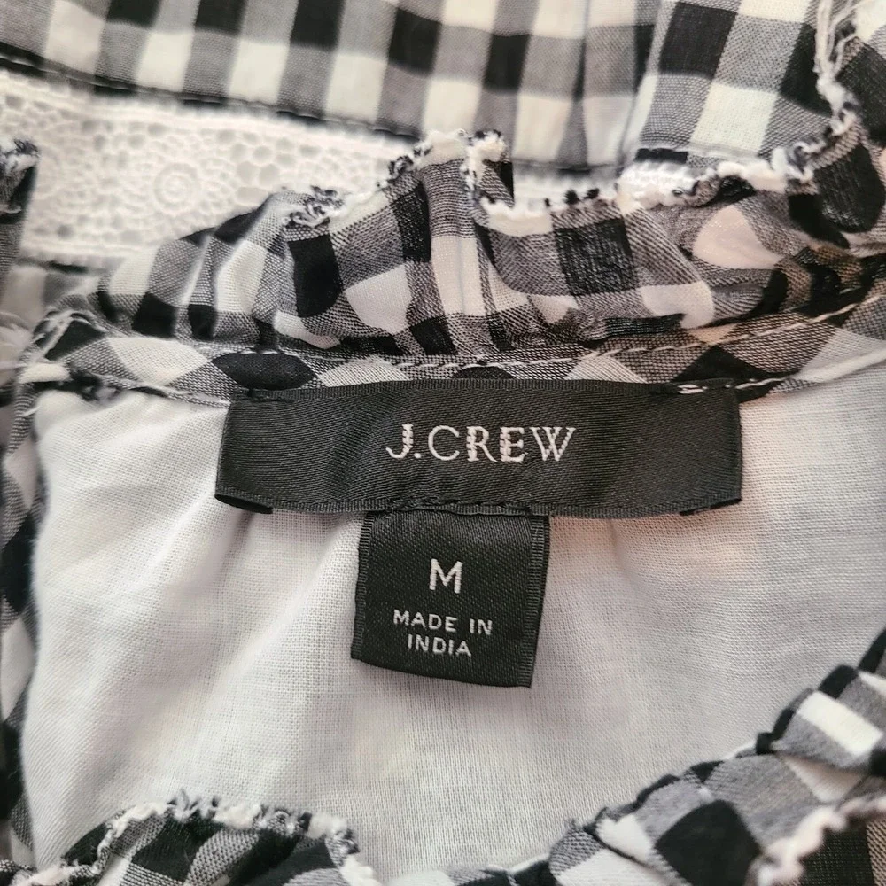 J. Crew Top M Black White Gingham Lace Trim‎ Puff Sleeve Peplum Pullover blouse